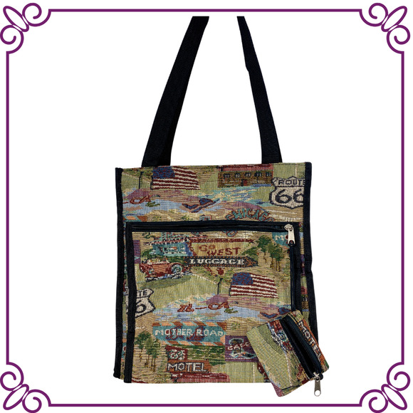 Handbags - Route 66 Mother Road Tapestry Zippered Tote Bag Purse with Coin Purse